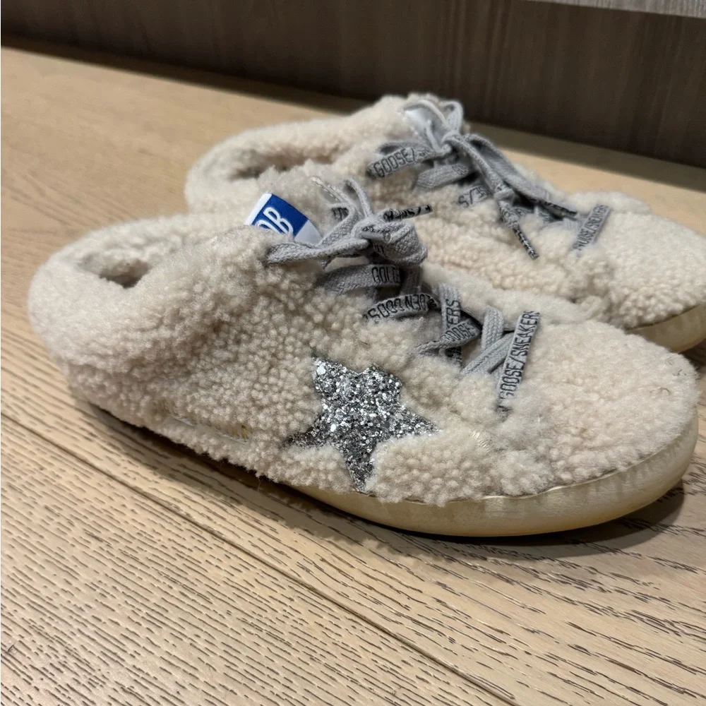 Golden Goose Beige Sherpa Sneakers with Silver Glitter Star - Picture 3 of 6